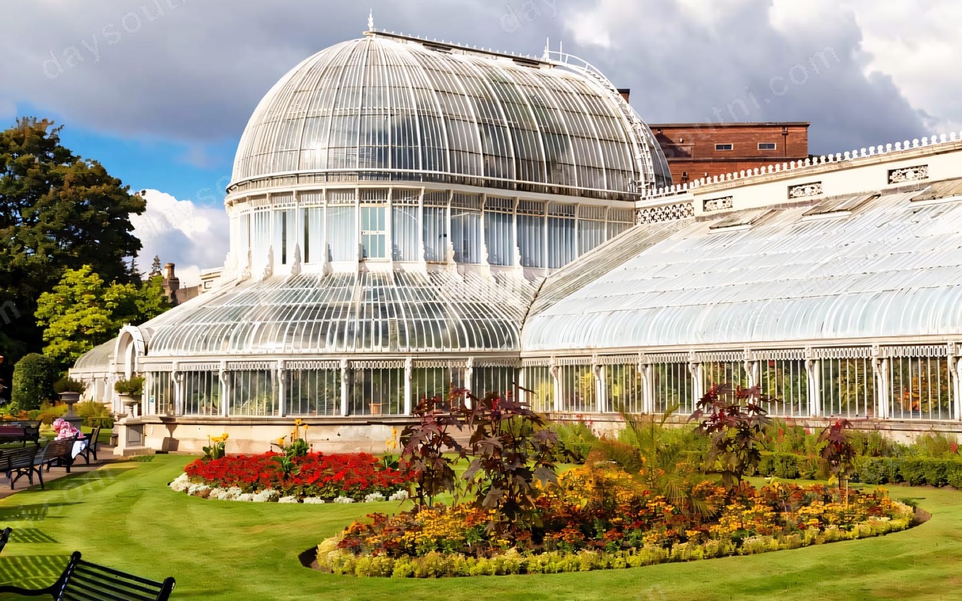 The curved glass Palm House at Botanic Gardens in Belfast