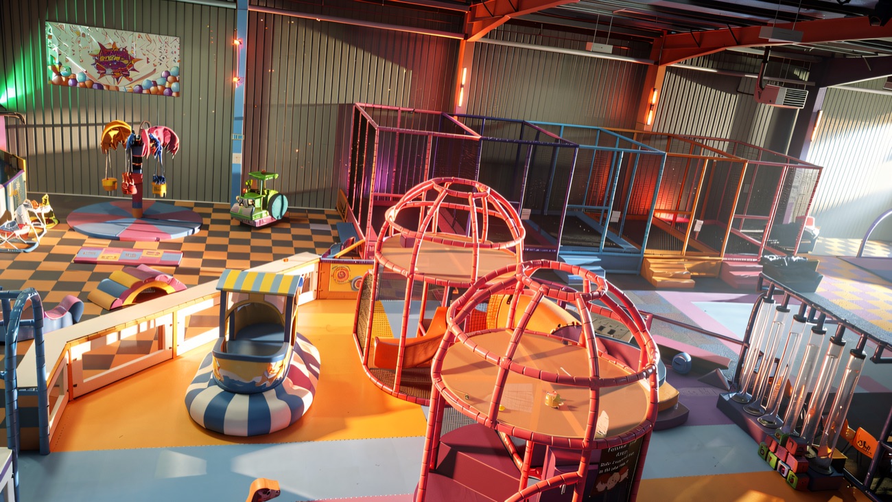 Wide view across the toddler area, spinners and trampoline zone