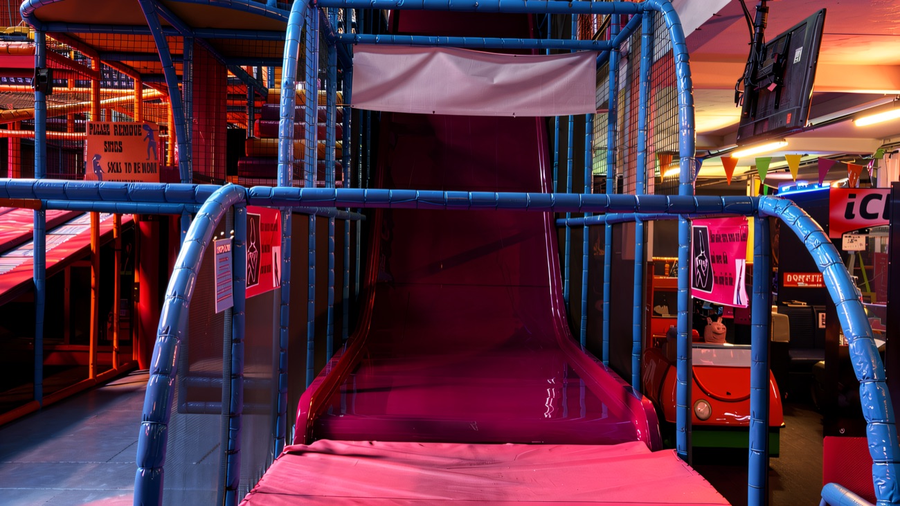 Steep pink slide landing on a padded crash mat