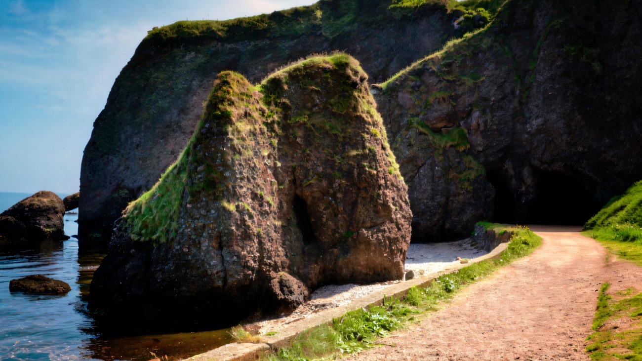 The red rock and cave mouths at Cushendun beside the shore path