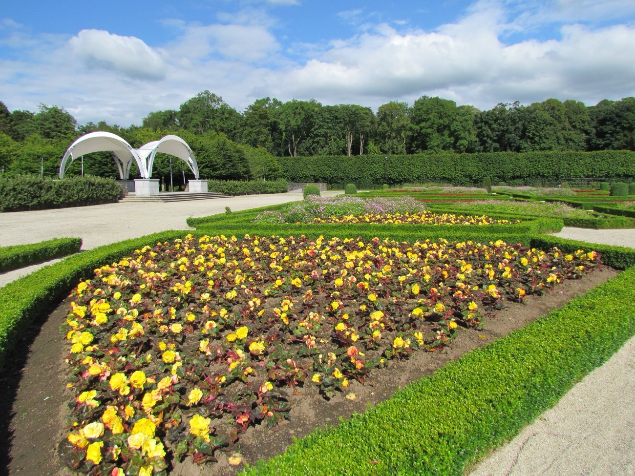 The formal parterre flower beds and garden pavilions at Antrim Castle Gardens