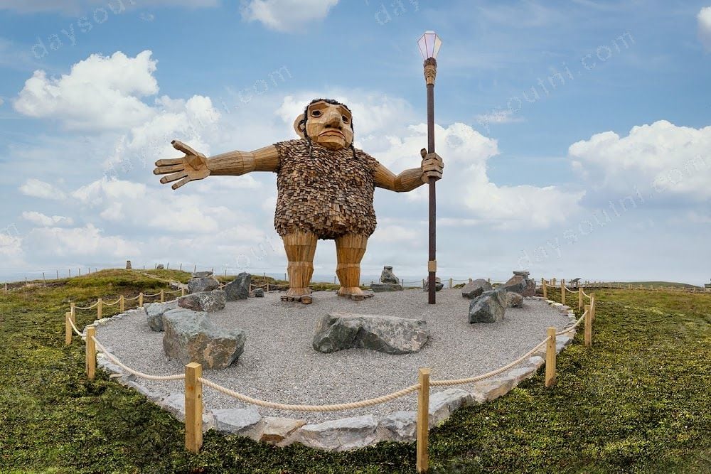 Darach the Guardian, a giant wooden figure with arms outstretched, on the open summit of Mullaghcarn.