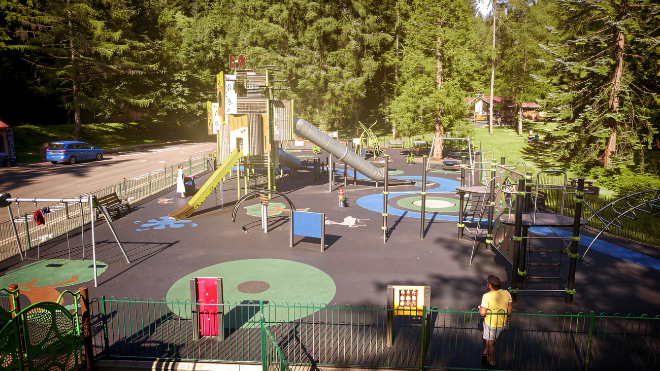 The Gortin Glen play park from above showing the tower, slides and painted blue river surfacing