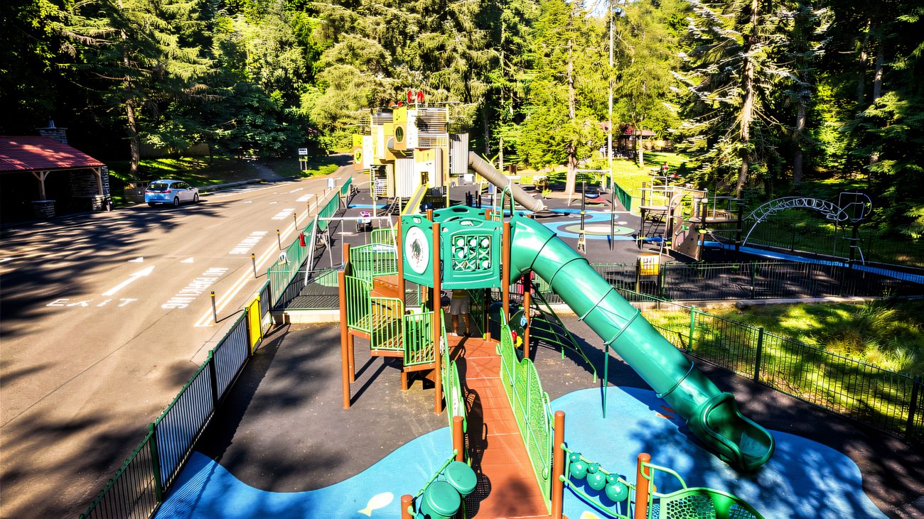 A green tunnel slide and climbing units at Gortin Glen play park with the forest and car park behind