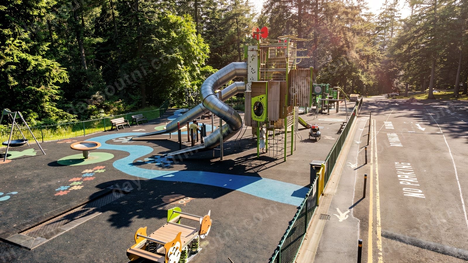 A tall green and timber climbing tower with a long steel tunnel slide at Gortin Glen play park