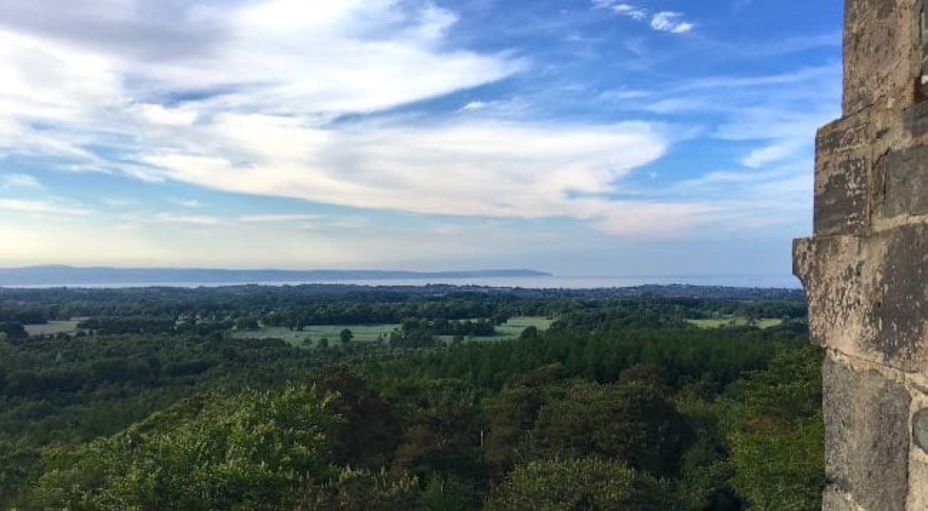 The view from Helen's Tower out across County Down countryside towards Belfast Lough