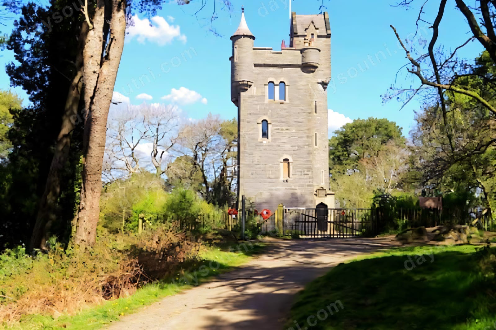 Helen's Tower rising above the wooded approach path on the Clandeboye Estate
