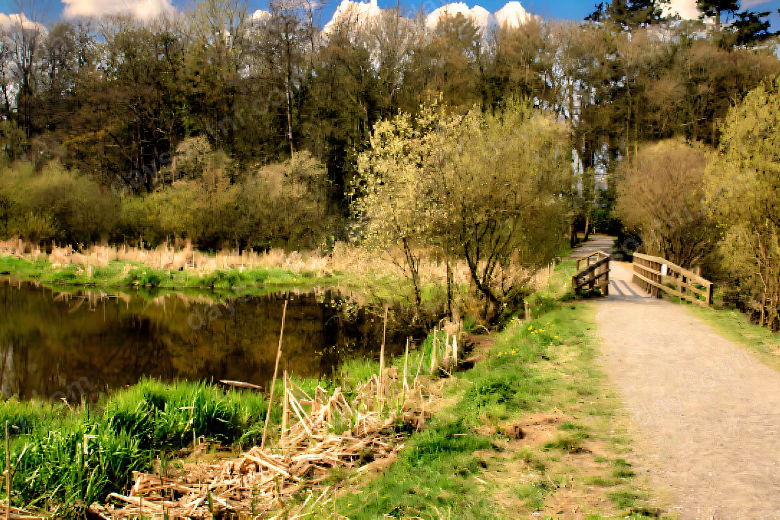 A surfaced lakeside path at Hillsborough Forest leading to a wooden footbridge, spring woodland and the lake reflecting the trees