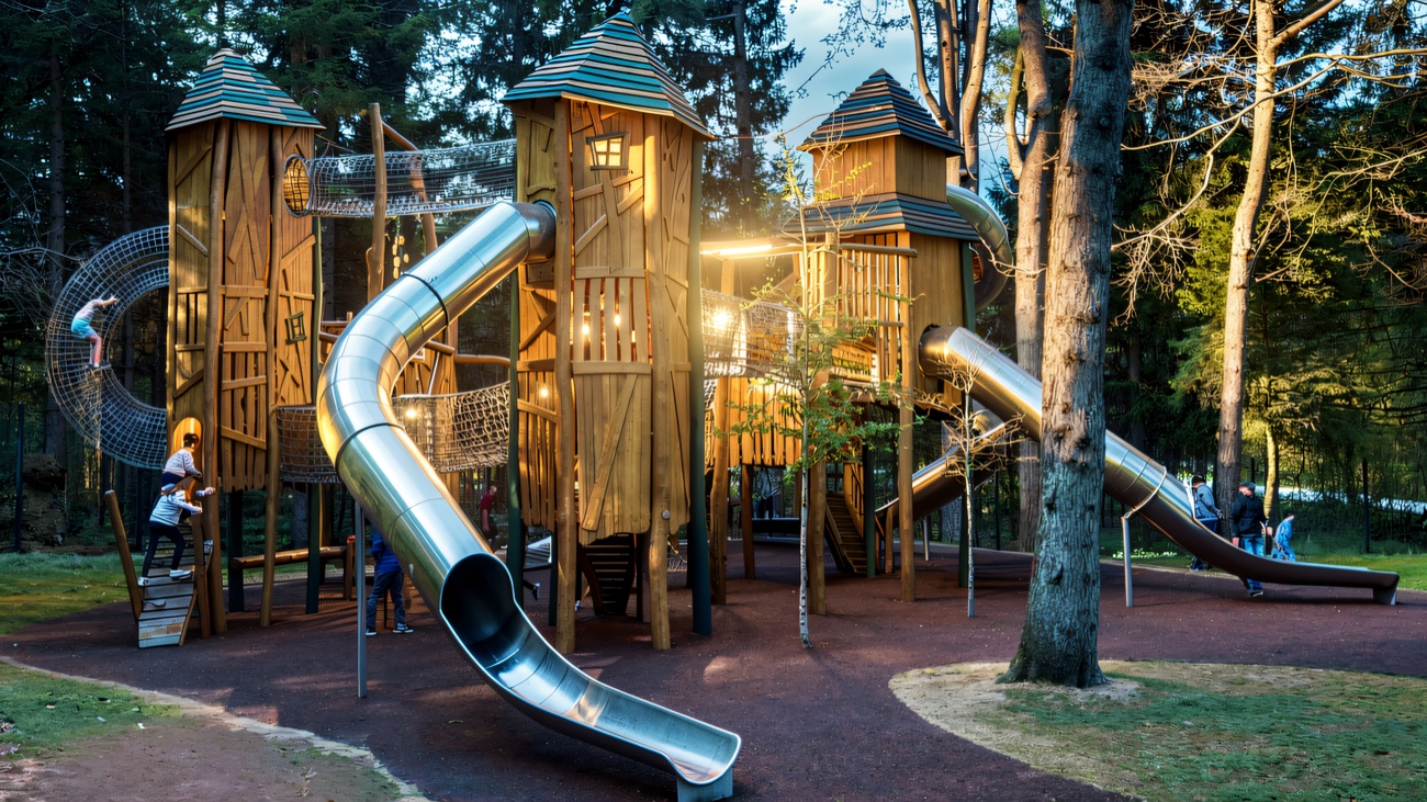 Timber towers joined by rope bridges with a steel tunnel slide curving out among tall trees