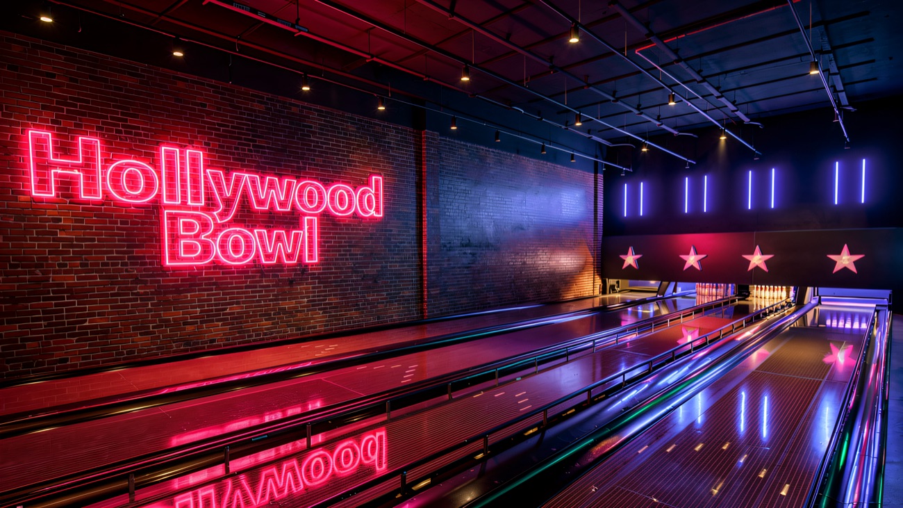 The Hollywood Bowl neon sign above the star-lit lanes