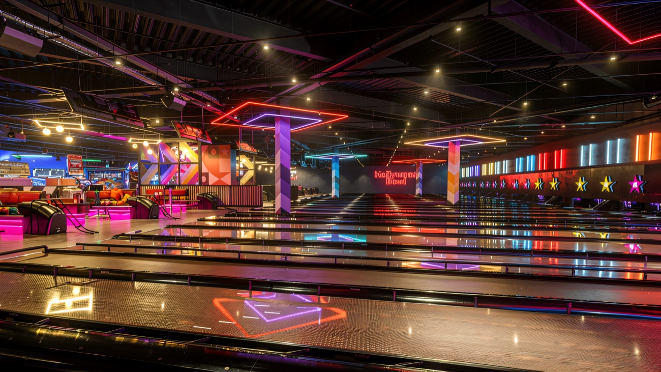 A wide view of the neon bowling hall in full colour