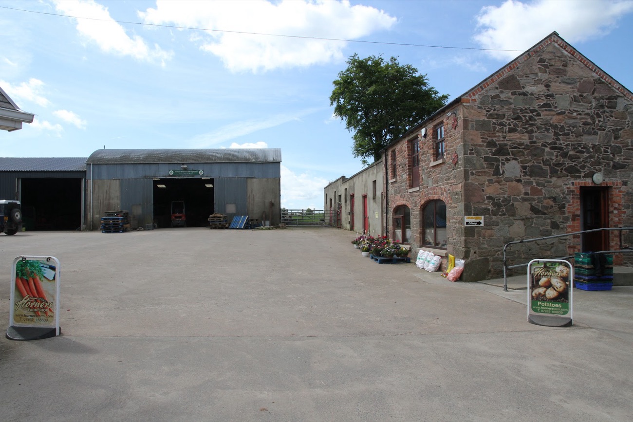 The Horner's farmyard, stone outbuildings under a wide blue Down sky