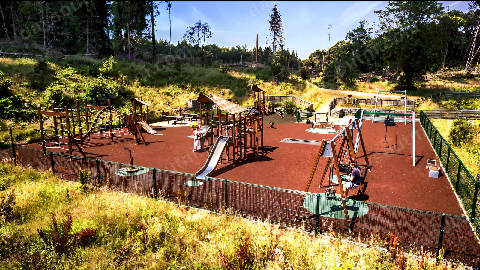 Timber climbing frames and a roundabout on bark chip at the edge of the forest.