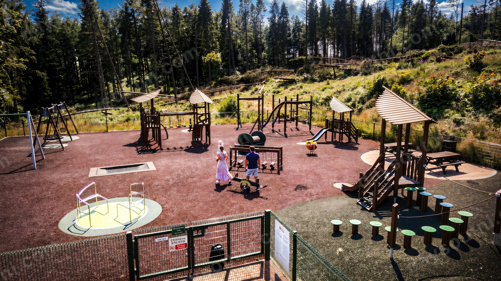 A play park on red safety surfacing with a slide and swings, forest and hillside rising behind.