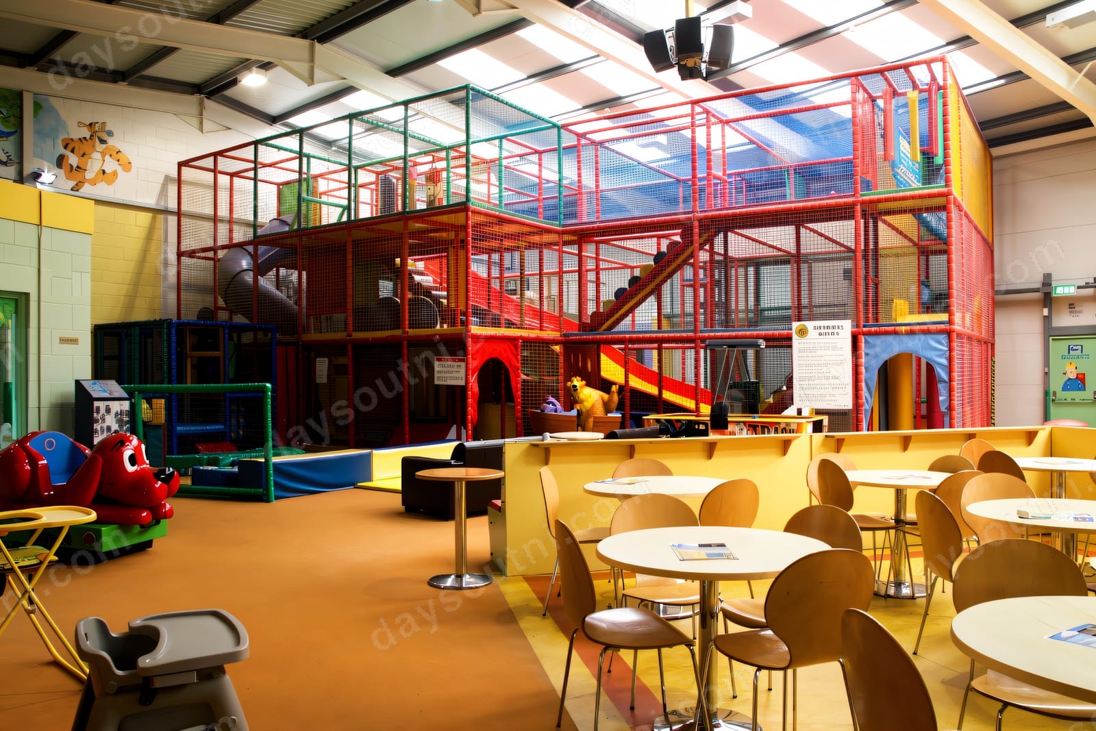 The multi-level red soft play frame at Jungle King, Derry, with slides, a tiger mural, ride-on toys and café tables