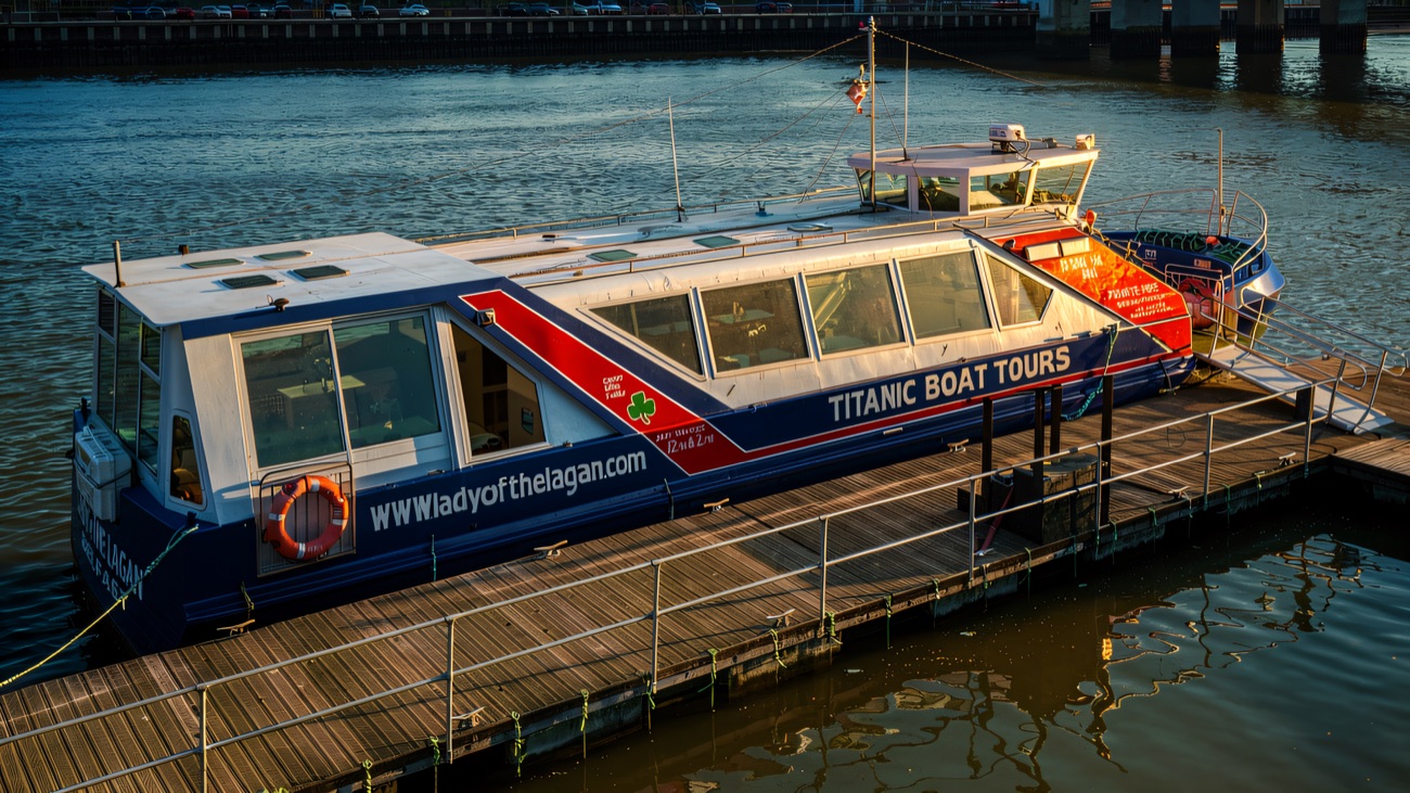 The Lady of the Lagan, the Titanic Boat Tour vessel, at her Belfast berth