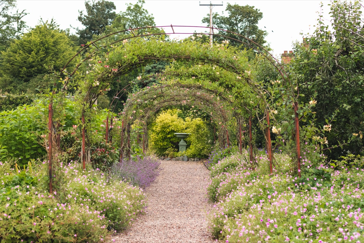 An arched, flower-lined path through the walled garden, leading to a sundial