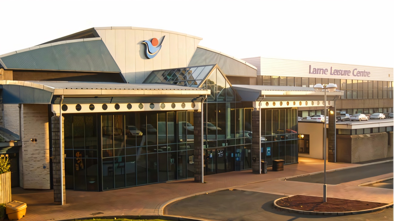 The front of Larne Leisure Centre with its entrance signage