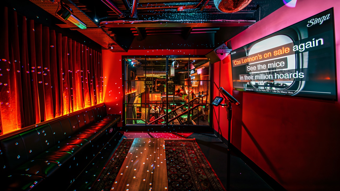 A private karaoke booth with velvet curtains and a big screen