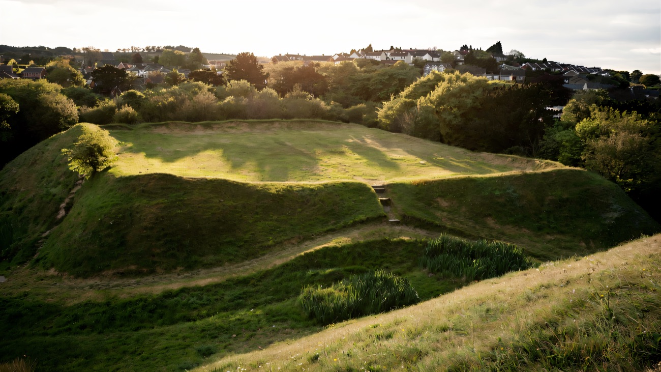 Steps lead up the flat-topped earthwork, with Limavady's rooftops gathered behind.