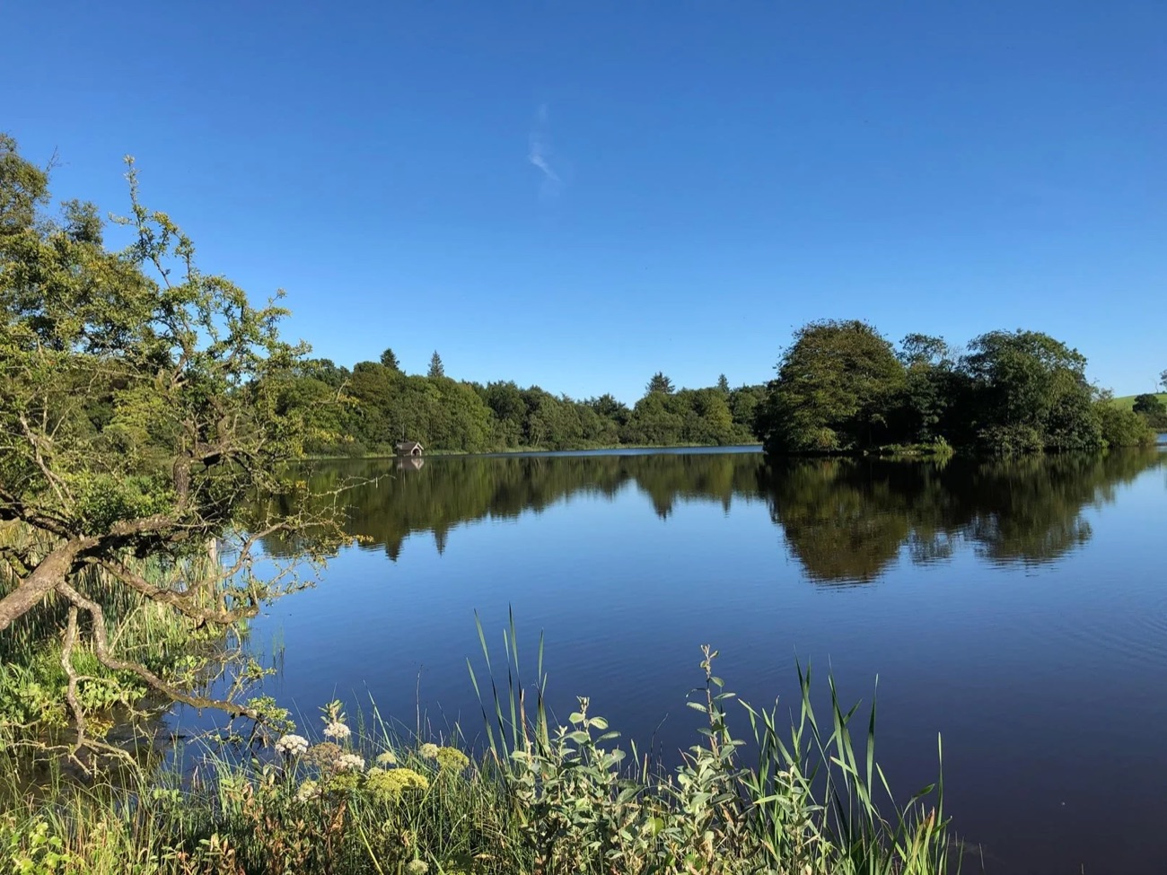 Lissanoure Lake, still and mirror-calm under a clear blue sky