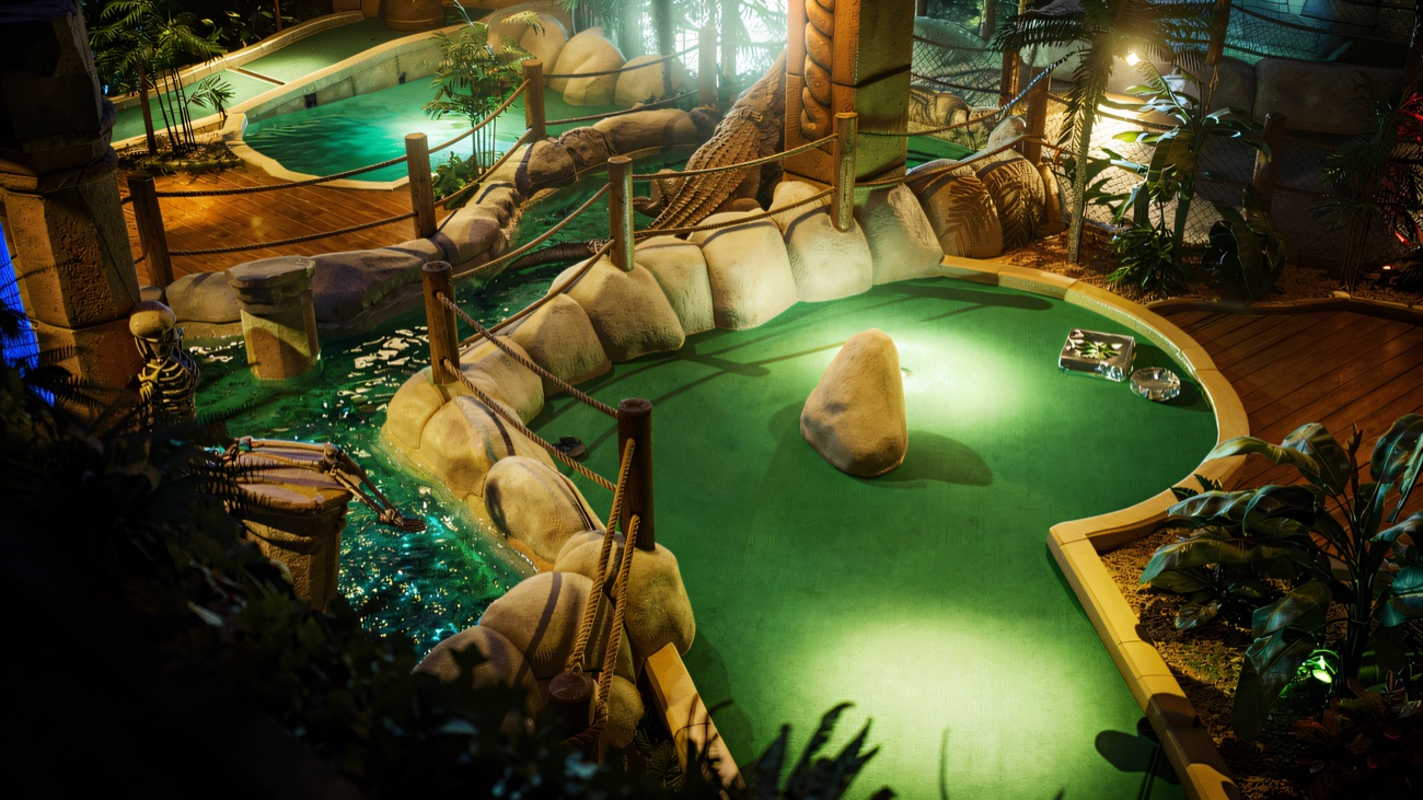 Rope bridges and boulder features between the green-lit holes