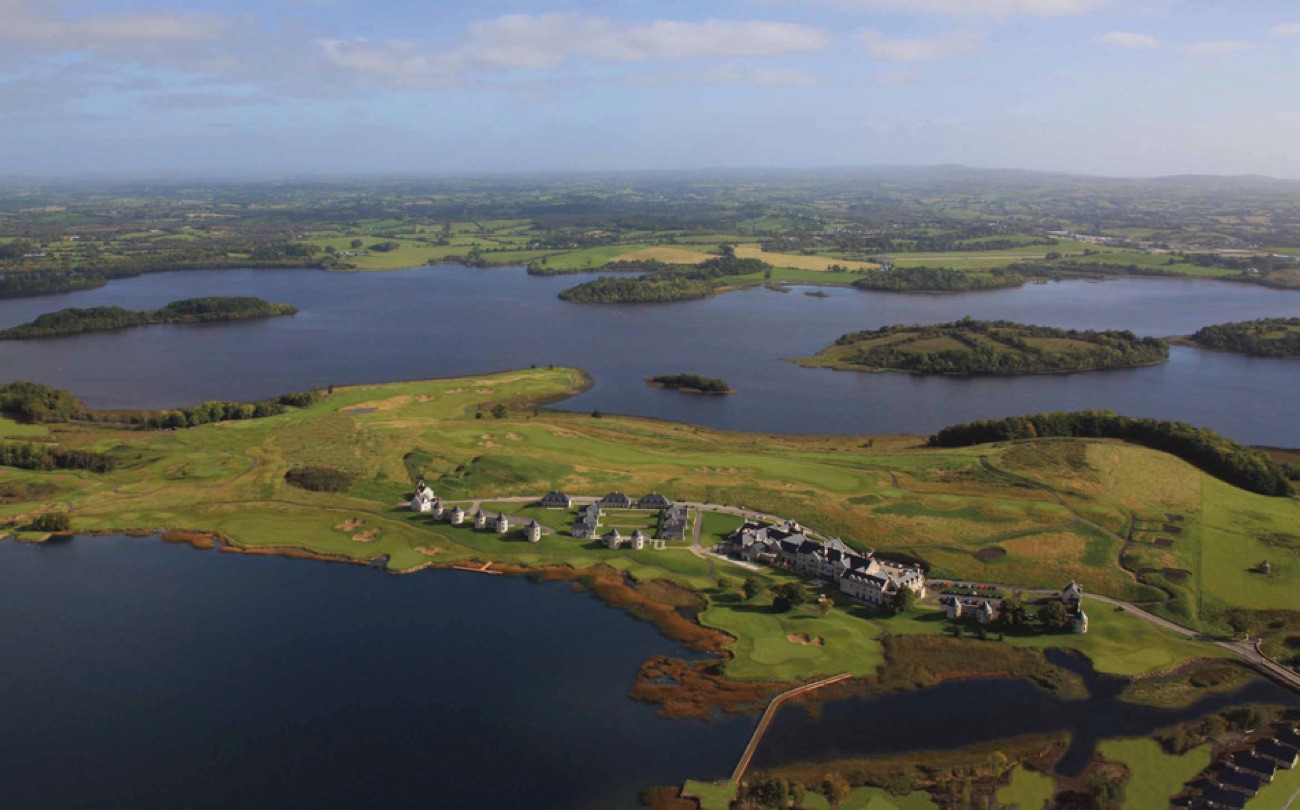 Aerial view of the resort on its peninsula between Lower Lough Erne and Castle Hume Lough