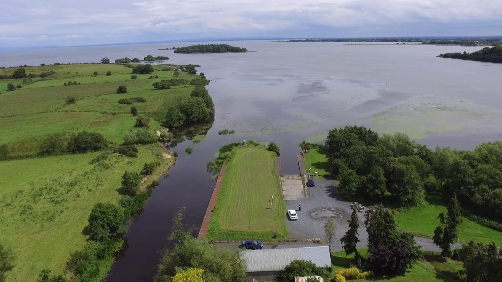 Aerial view of Maghery Country Park where the River Blackwater meets the open water of Lough Neagh