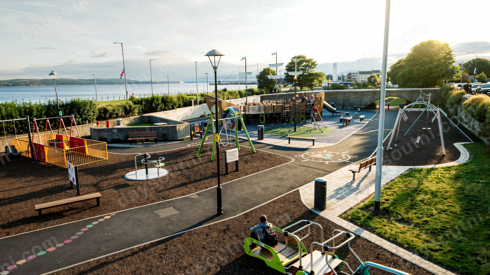 A wide view of the play park with the sea and the far shore of Belfast Lough beyond
