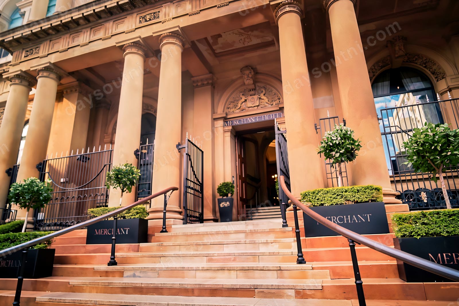 The Merchant Hotel's grand sandstone entrance, a former Victorian bank in the Cathedral Quarter.