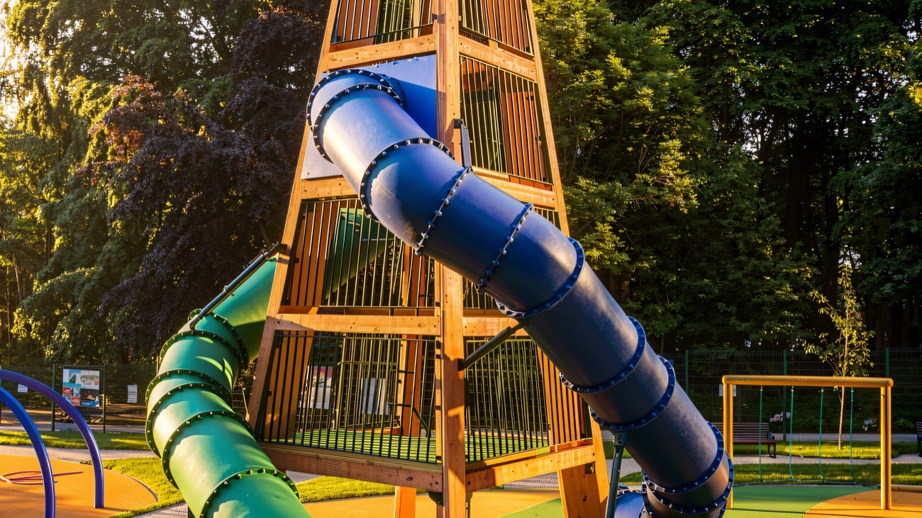 A tall timber tower with a blue and green tube slide spiralling down it at Mo Mowlam Play Park