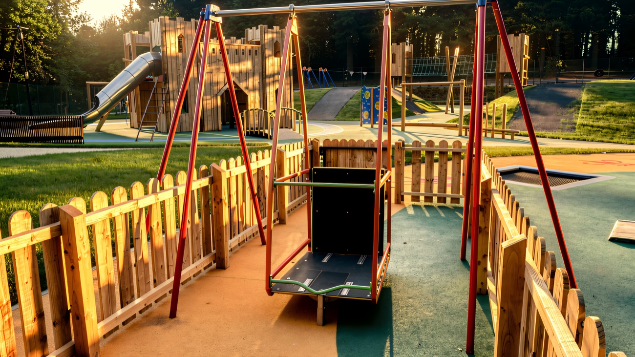A wheelchair-accessible swing and roundabout behind a timber fence at Mo Mowlam Play Park