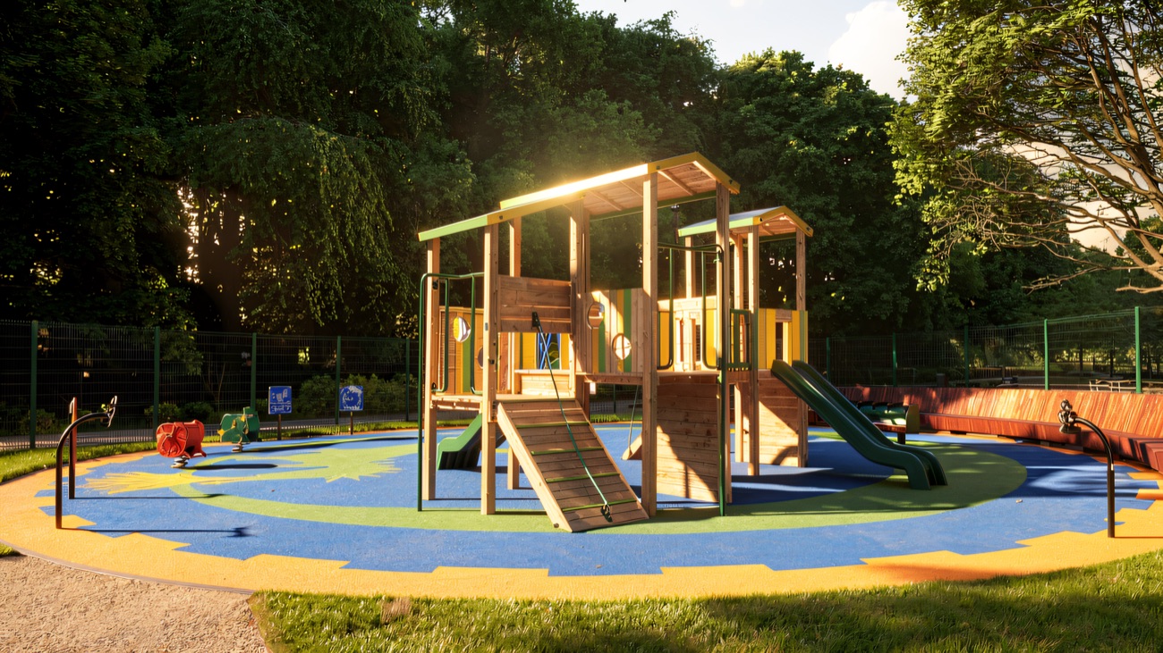 A timber climbing frame with a ramp and slide catching low evening sun at Mo Mowlam Play Park