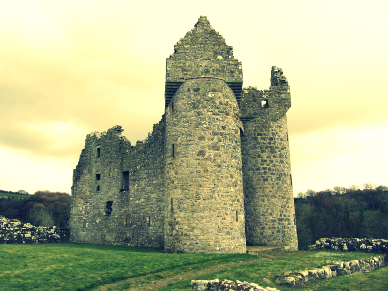 The two tall round entrance towers of Monea Castle head-on, with the ruined shell and green setting