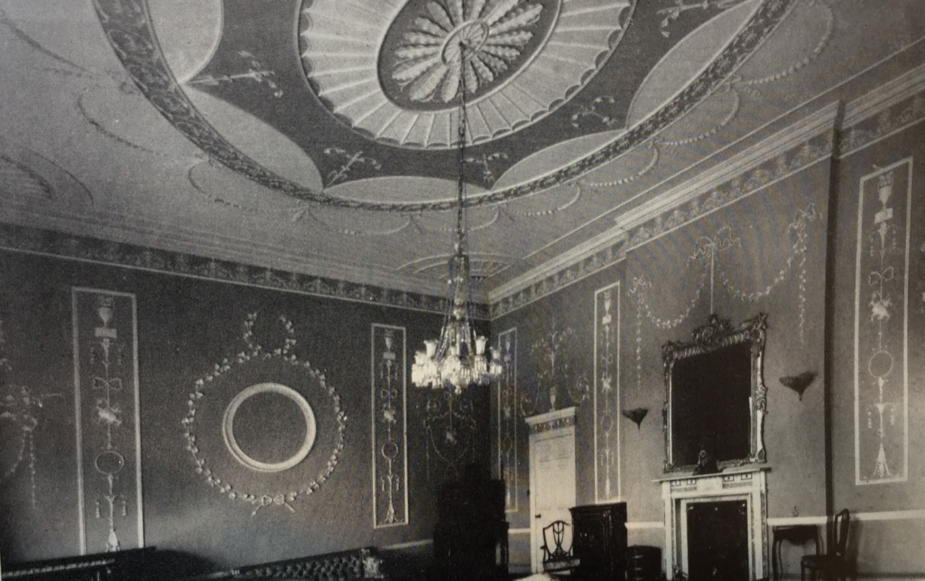 A historic photograph of the celebrated Mount Panther ballroom, showing its fine rococo plasterwork ceiling