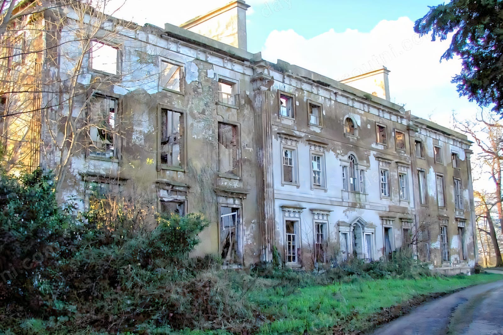 The ruined Mount Panther House on its County Down estate, its long stone facade weathered and roofless