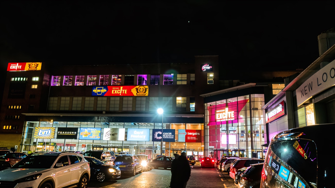 The entrance lit up after dark