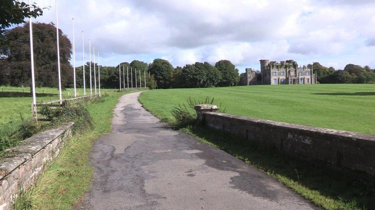 A tree-lined avenue across the Necarne estate parkland leading up towards the castle in the distance