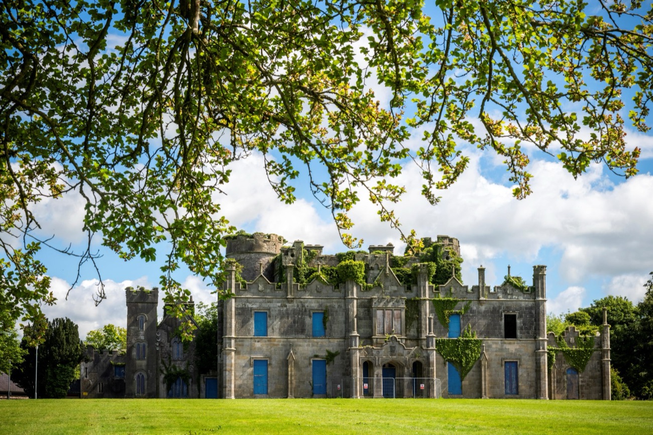 Necarne Castle across the parkland, framed by the branches of a big tree over sunlit grass