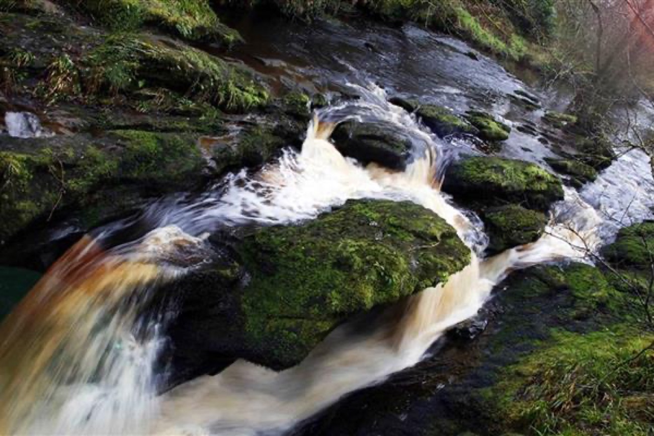 The River Burntollet rushing over mossy rocks in the gorge below the Ness Waterfall