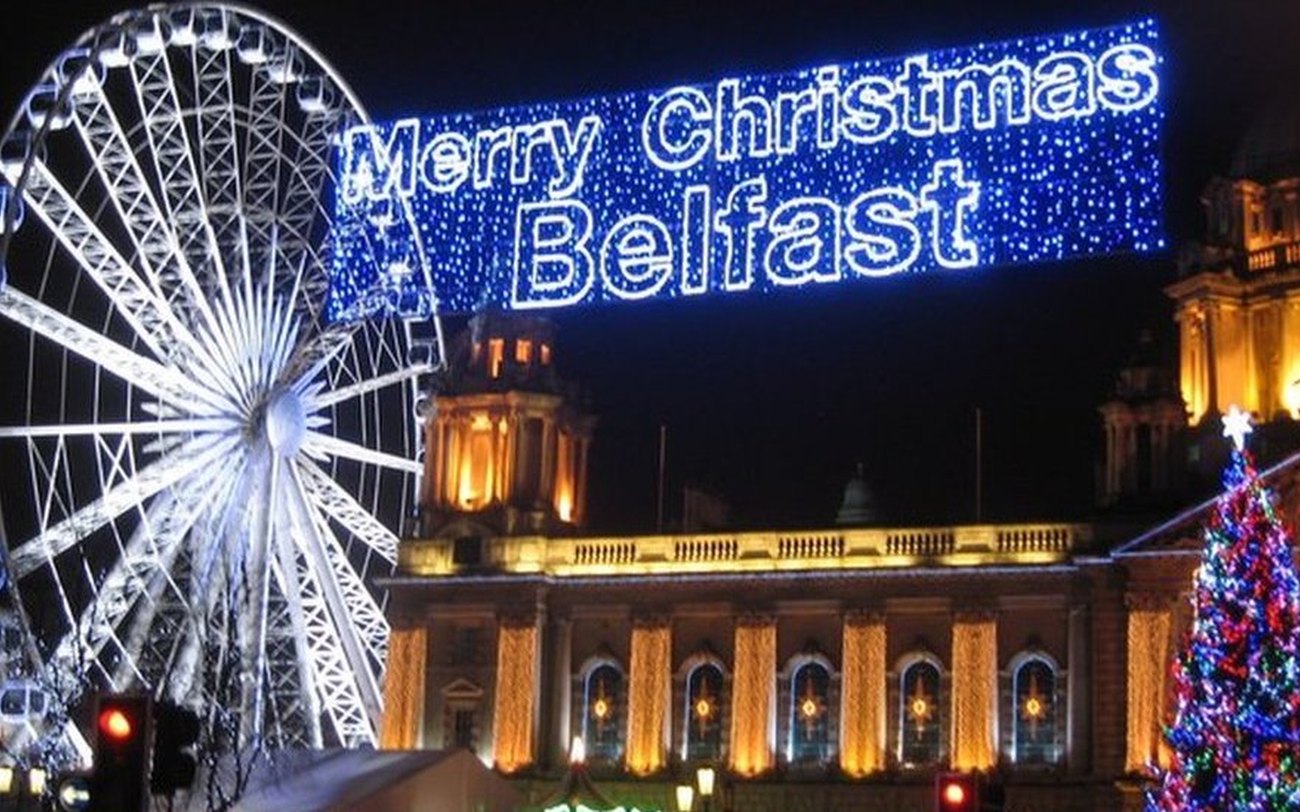 Belfast city centre lit up with Christmas lights and decorations