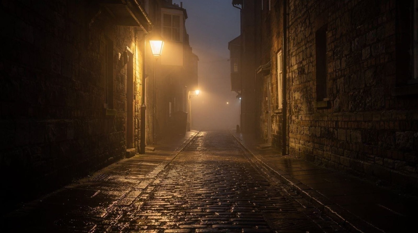 A misty cobbled lane lit by a single street lamp at night