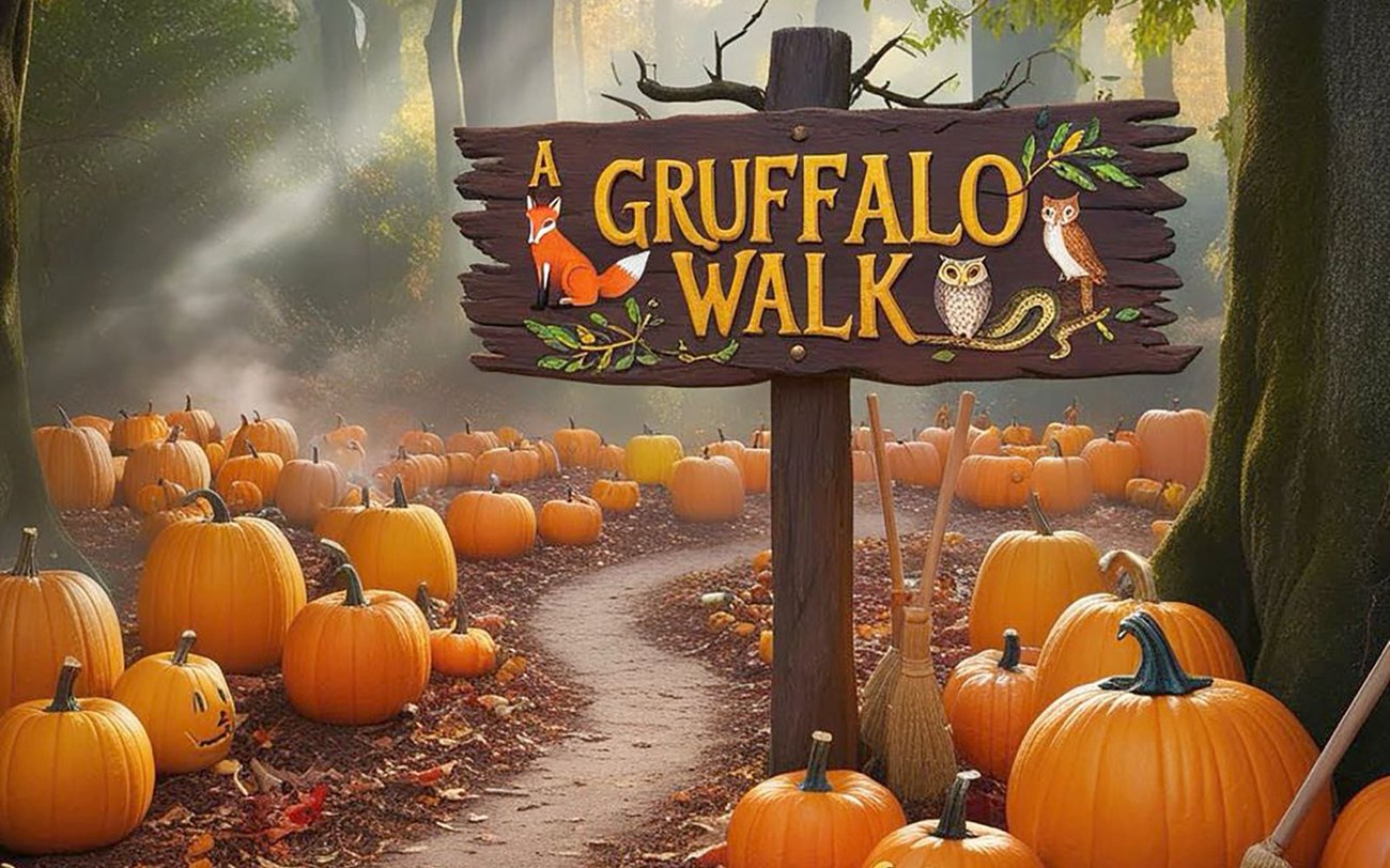 Pumpkins along a wooded Gruffalo trail at Colin Glen in west Belfast