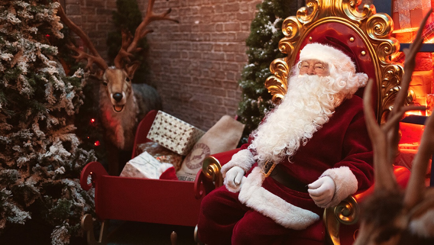 Santa's sleigh under a decorated canopy at Hillmount Garden Centre