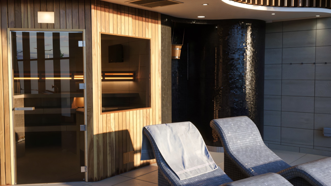 Sauna cabin door with tiled loungers alongside
