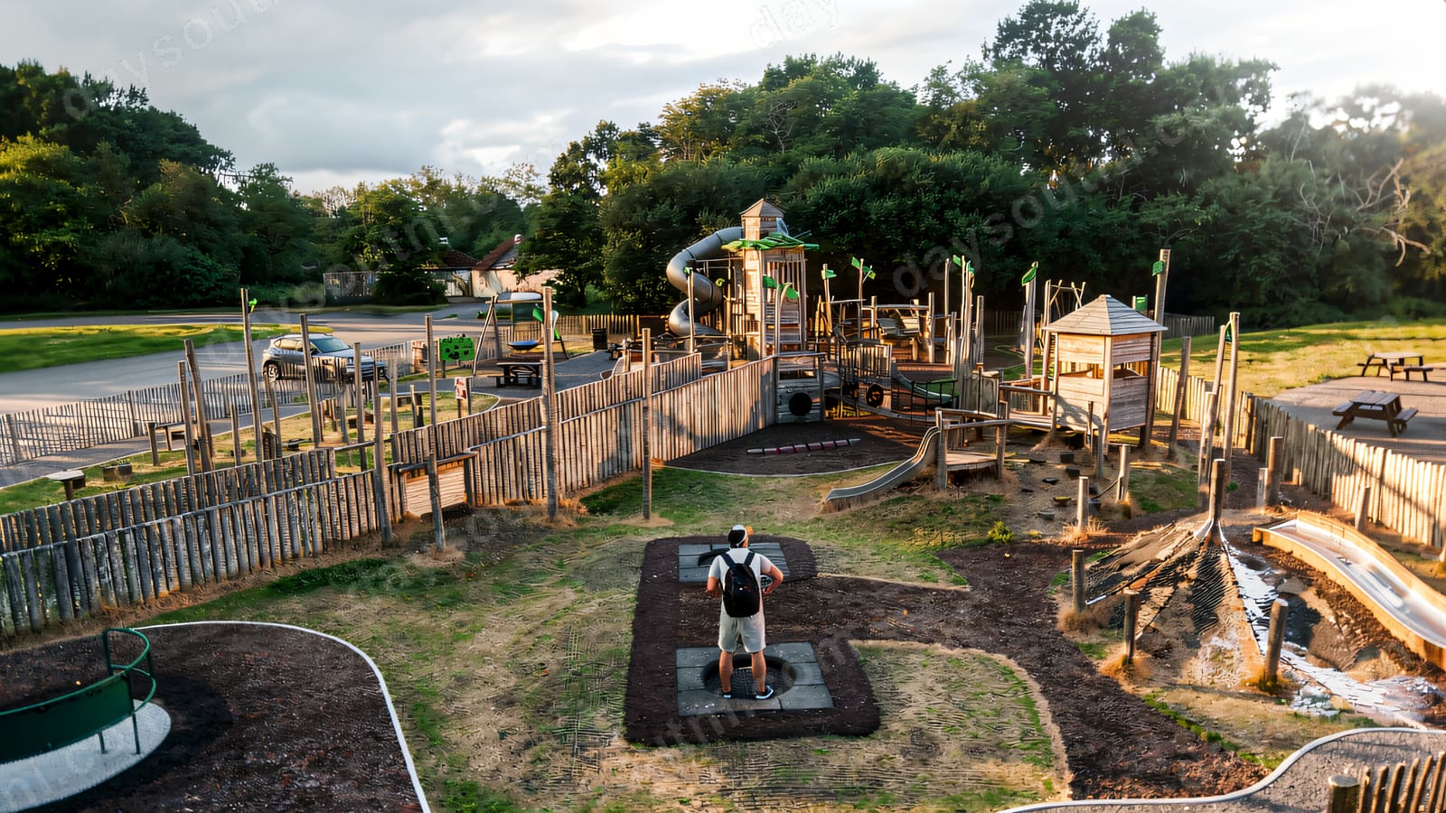A timber fort-style play park with towers and walkways behind a wooden fence.