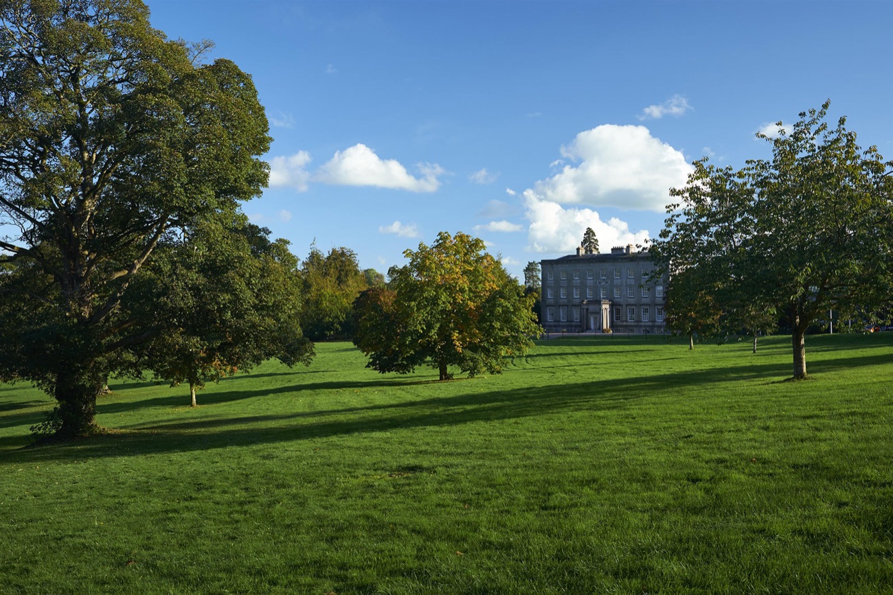 Wide green parkland with mature trees and the Palace in the distance