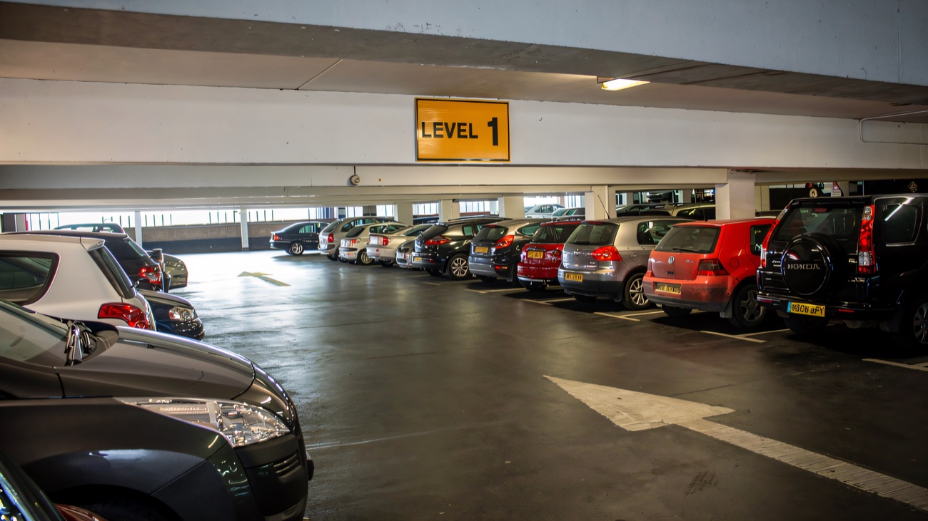 The Park Centre's covered car park deck, marked Level 1, with cars parked in bays