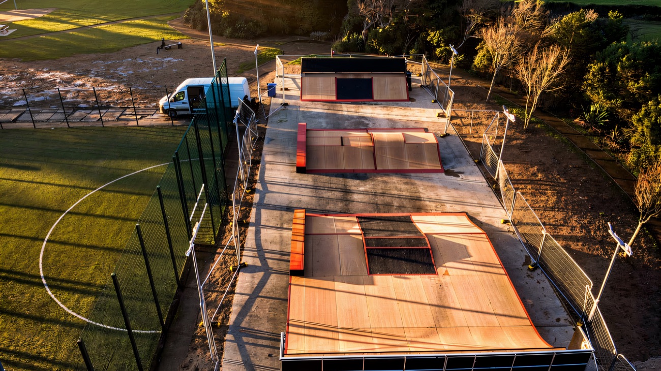 Aerial view of the ramps lined up beside the village playing pitch