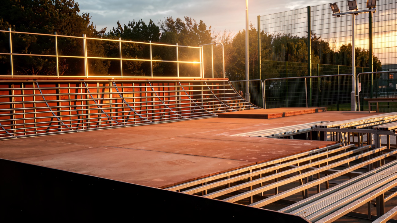 Quarter pipe and flat bank at dusk under the floodlights